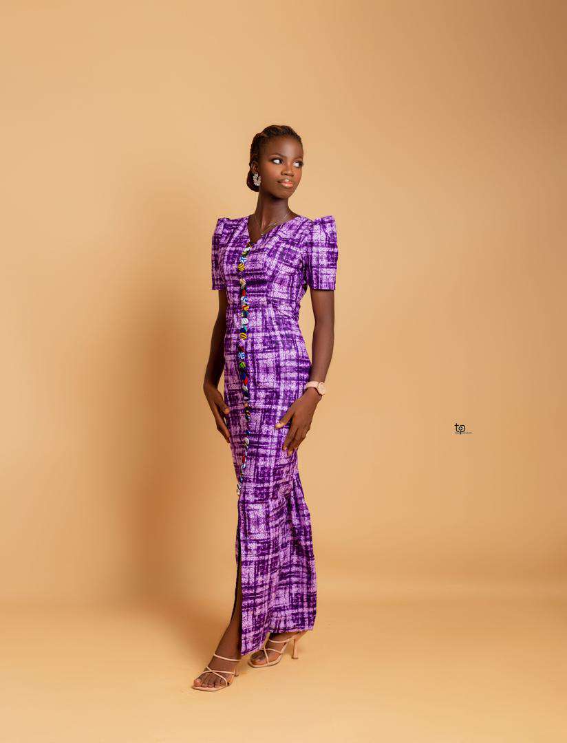 Long Purple Pattern Button Dress