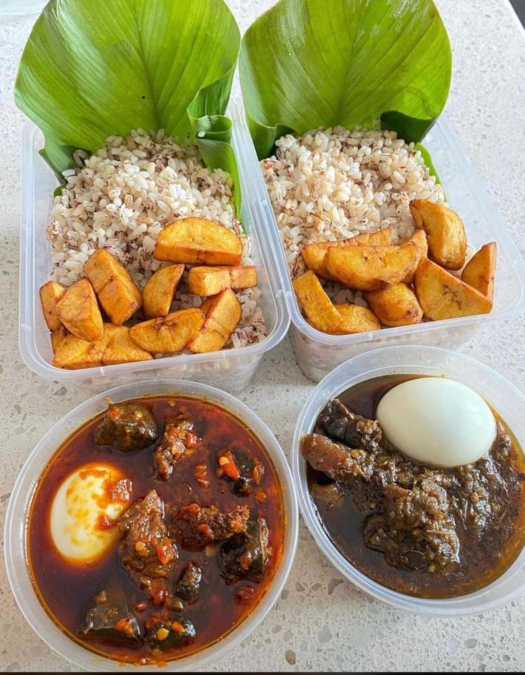 Ofada rice, Ayamashe Sauce with plantain