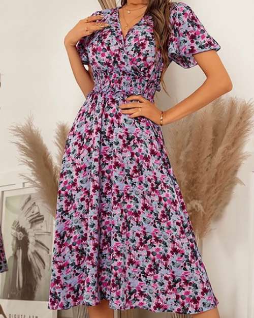 Floral  Casual Short Sleeve V Neck