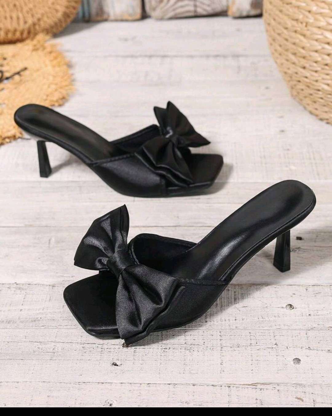 Black Satin Bow Mule Heels