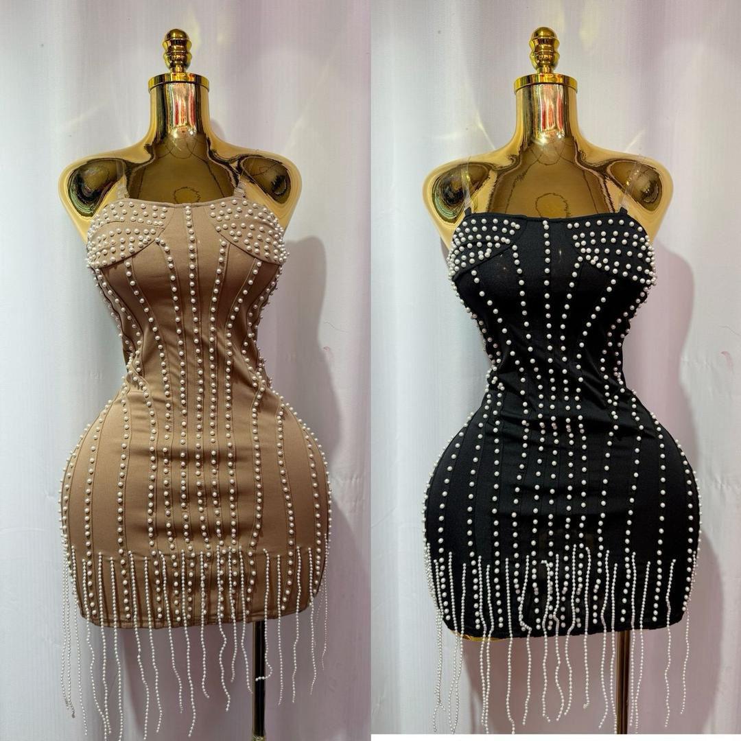 Short handless straight beaded gown 