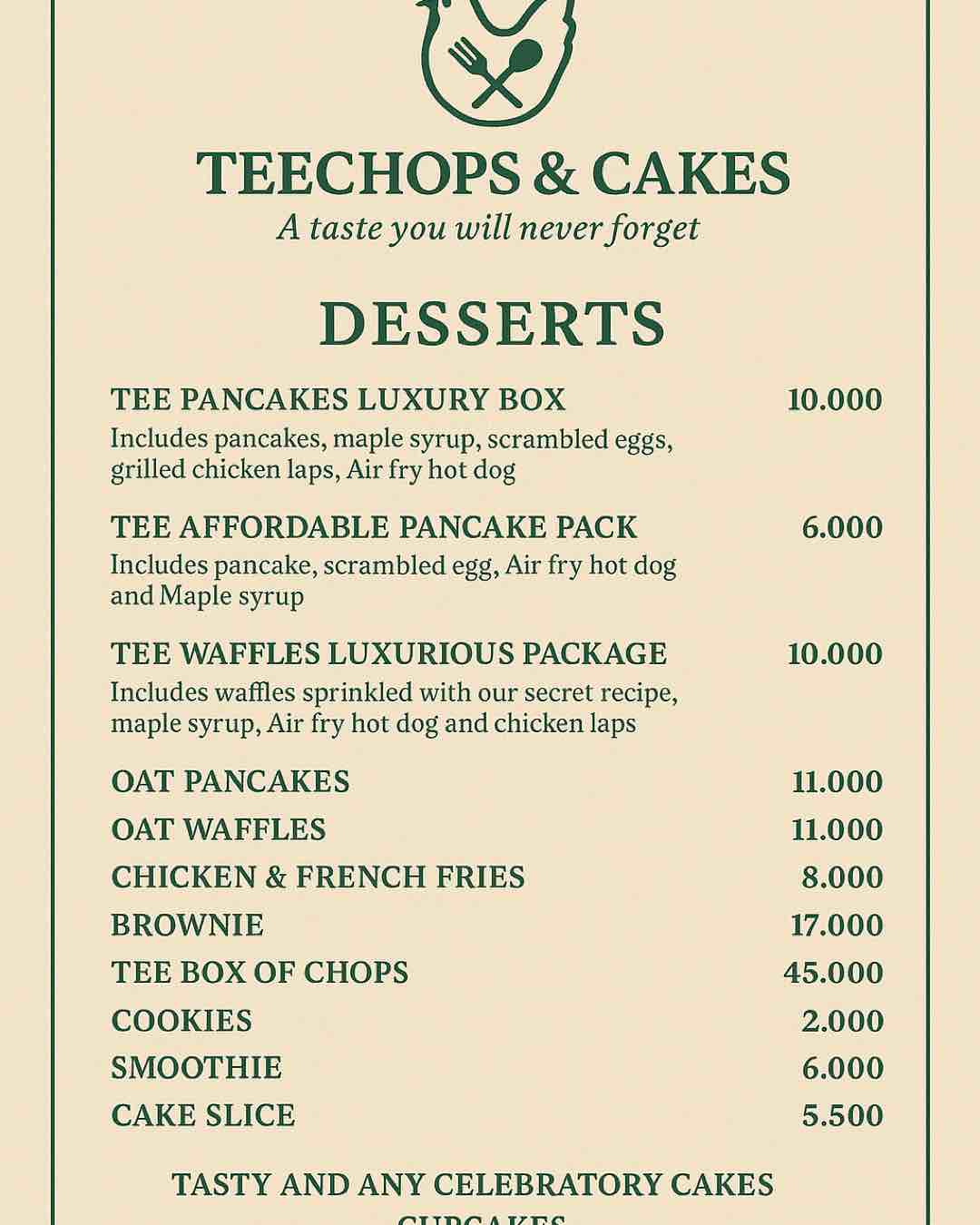 Teechops and Cakes Menu
