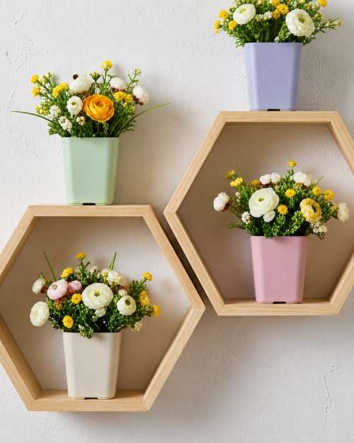 Luminous Glass Terrarium Light & Hexagon Wooden Wall Shelves Set
