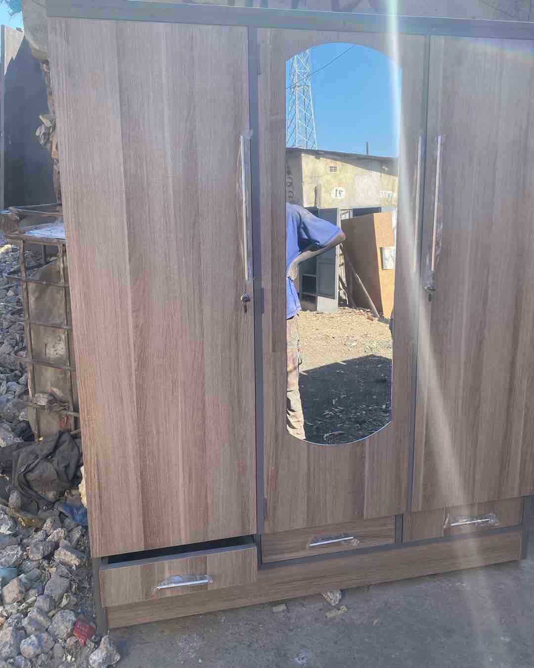 Wooden Wardrobe with Mirror and Drawers