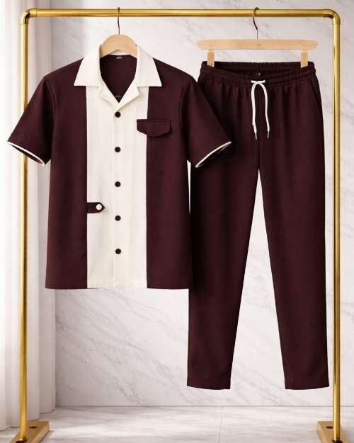 Men's casual co-ord set,burgundy &cream 