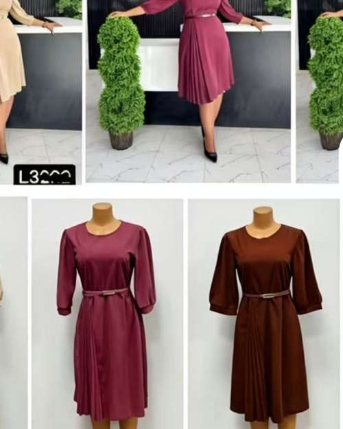 Women's Pleated Midi Dress with Belt