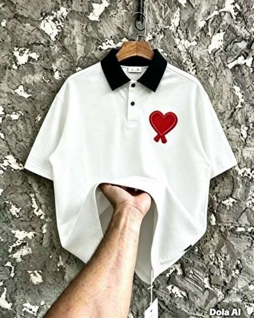 White Polo Shirt with Red Heart Patch