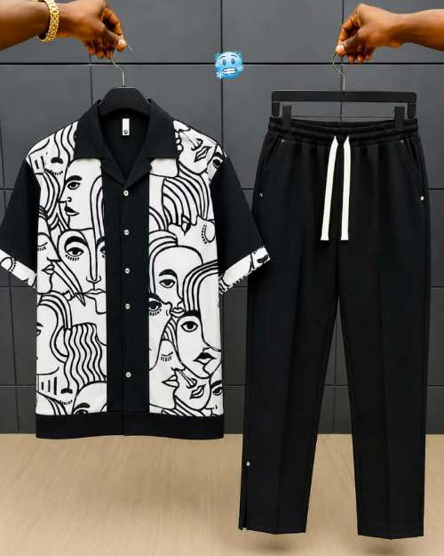Men's Abstract Print Shirt and Black Trousers Set