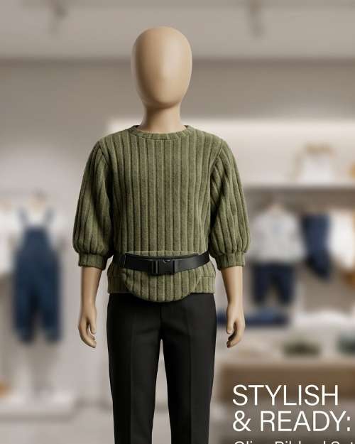 Kids' Ribbed Long-Sleeve Top and Black Pants Set