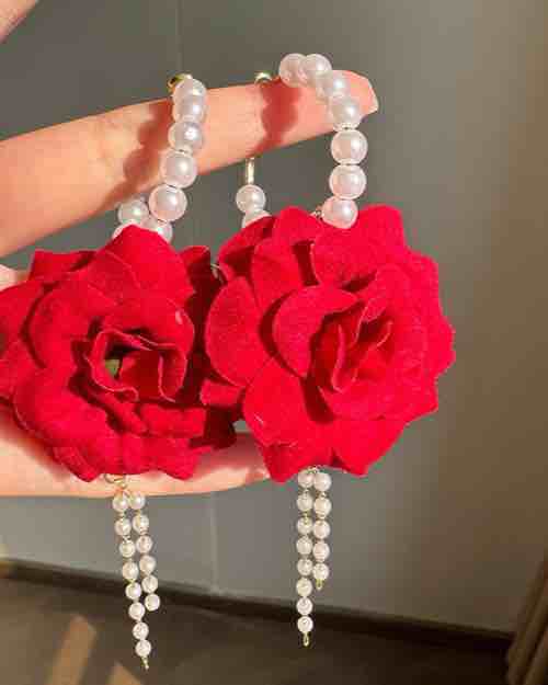 Red Rose & Pearl Drop Earrings