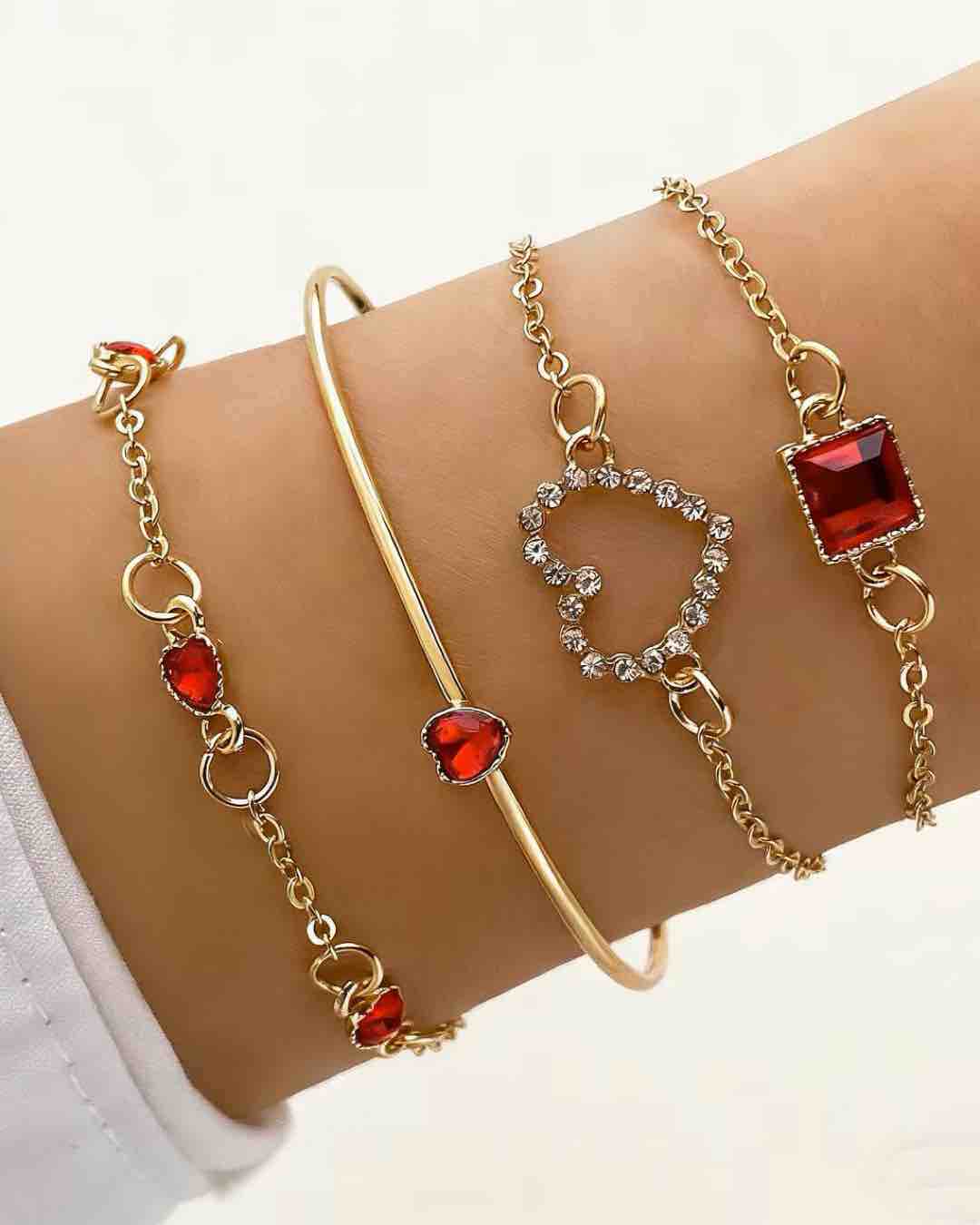 Gold-Tone Red Stone Bracelet Set