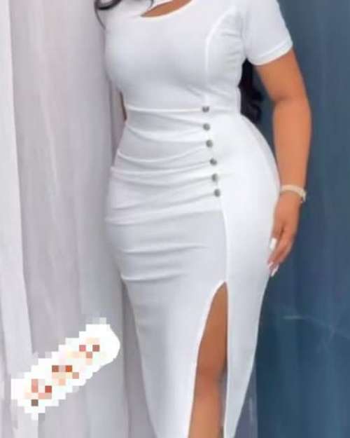 White Short-Sleeve Midi Dress with Slit