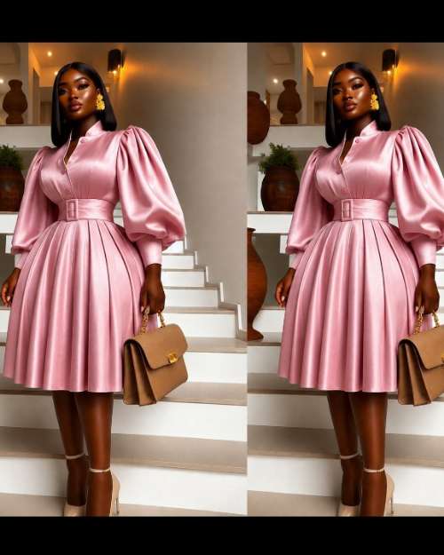 Pink Puff Sleeve Belted Dress