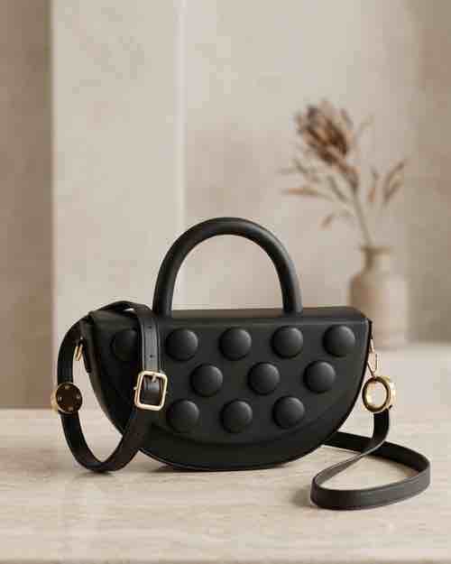 Black Half-Moon Crossbody Bag with Studs