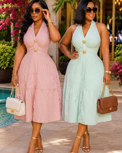 Striped Halter Neck Midi Dress