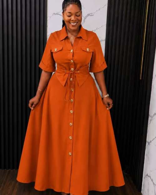 Women's Orange Button-Front Maxi Dress
