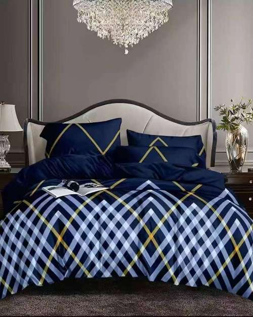Navy Blue and Gold Plaid Bedsheet Set