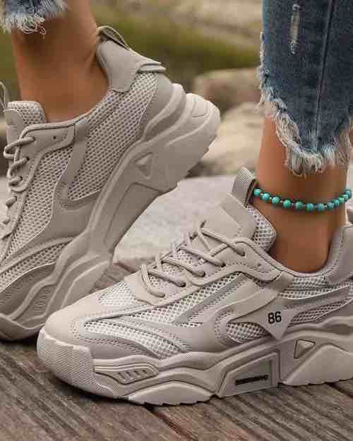 Beige Mesh Platform Chunky Sneakers