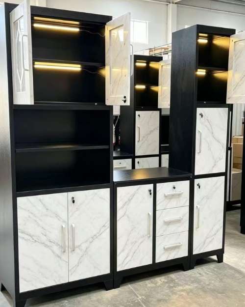 3-Piece Black and White Marble-Look Storage Cabinets