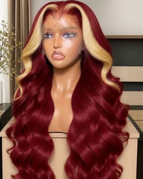 26inch Burgundy Red Blonde Skunk Stripe 