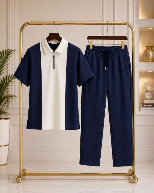 Men's Navy Blue and White Half-Zip Shirt and Jogger Pants Set