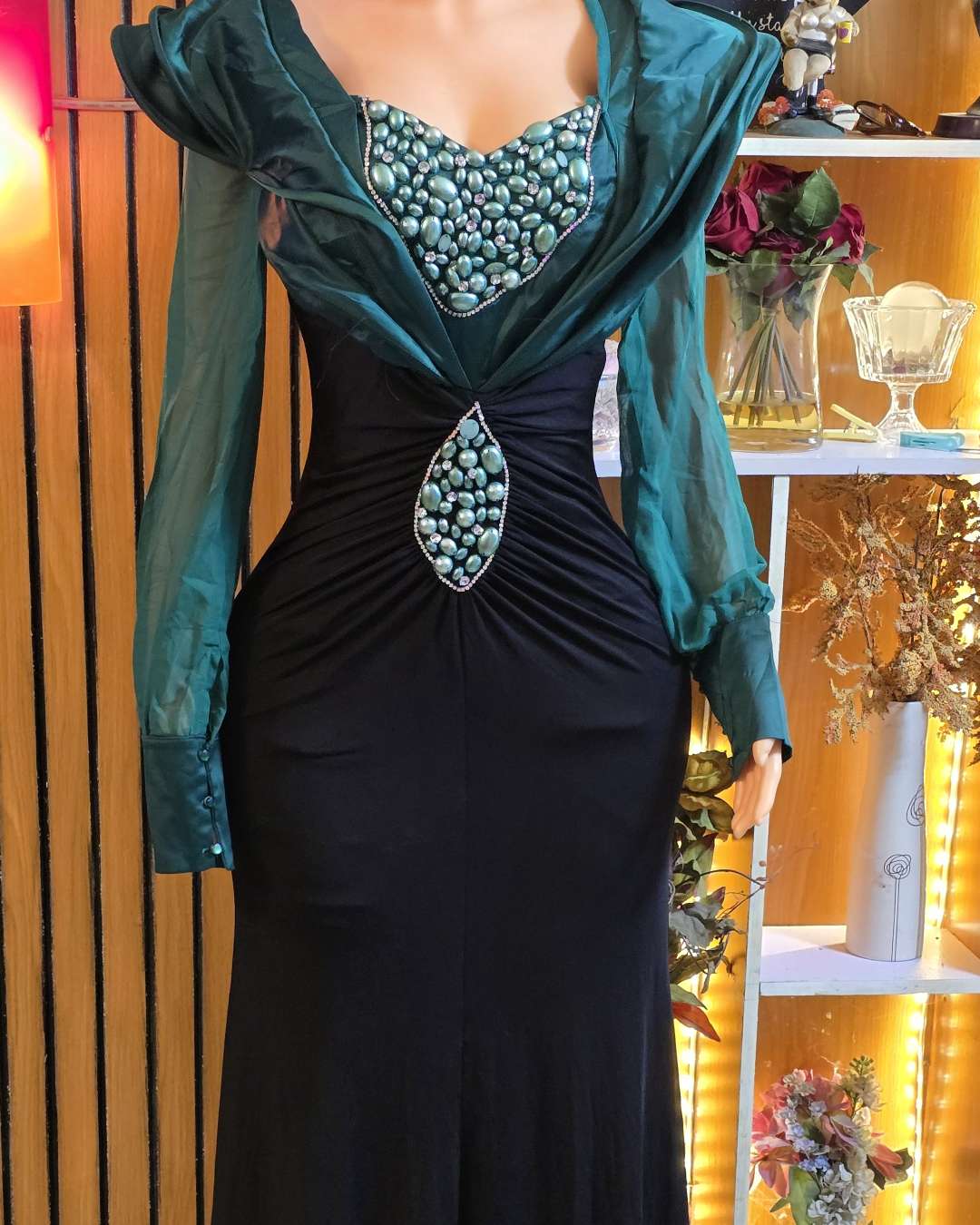 Embellished Green and Black Gown