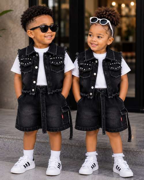 Kids' Black Denim Vest and Shorts Set