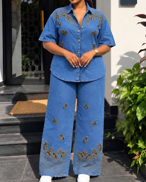 Gold  butterfly Luxe denim  set