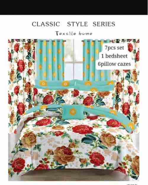 Floral 7-Piece Bedsheet and Curtain Set