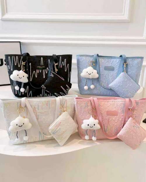 Stylish Tote Bag with Cloud Charm and Pouch