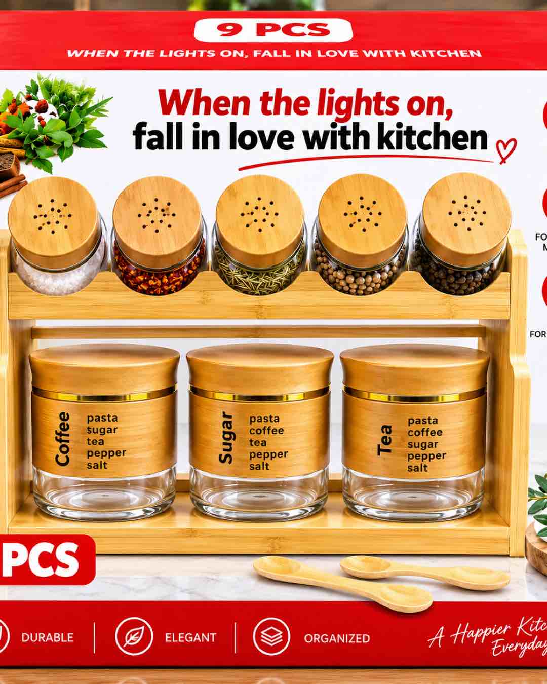 9-Piece Spice Jar and Wooden Organizer Set