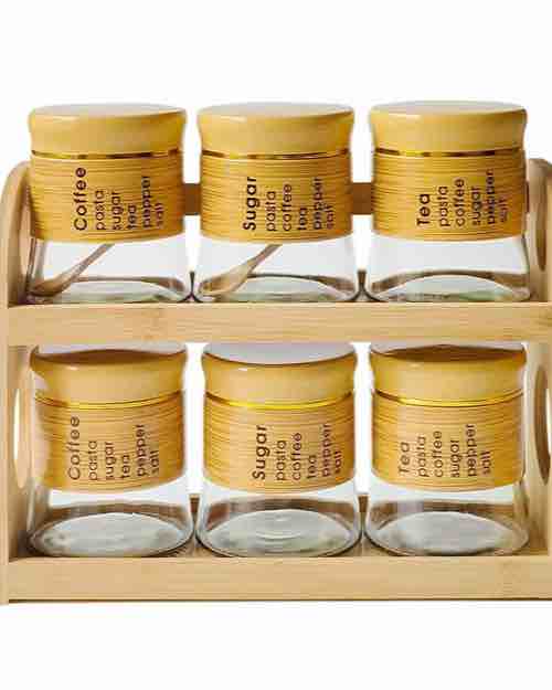 6-Piece Glass Spice Jar Set with Wooden Organizer
