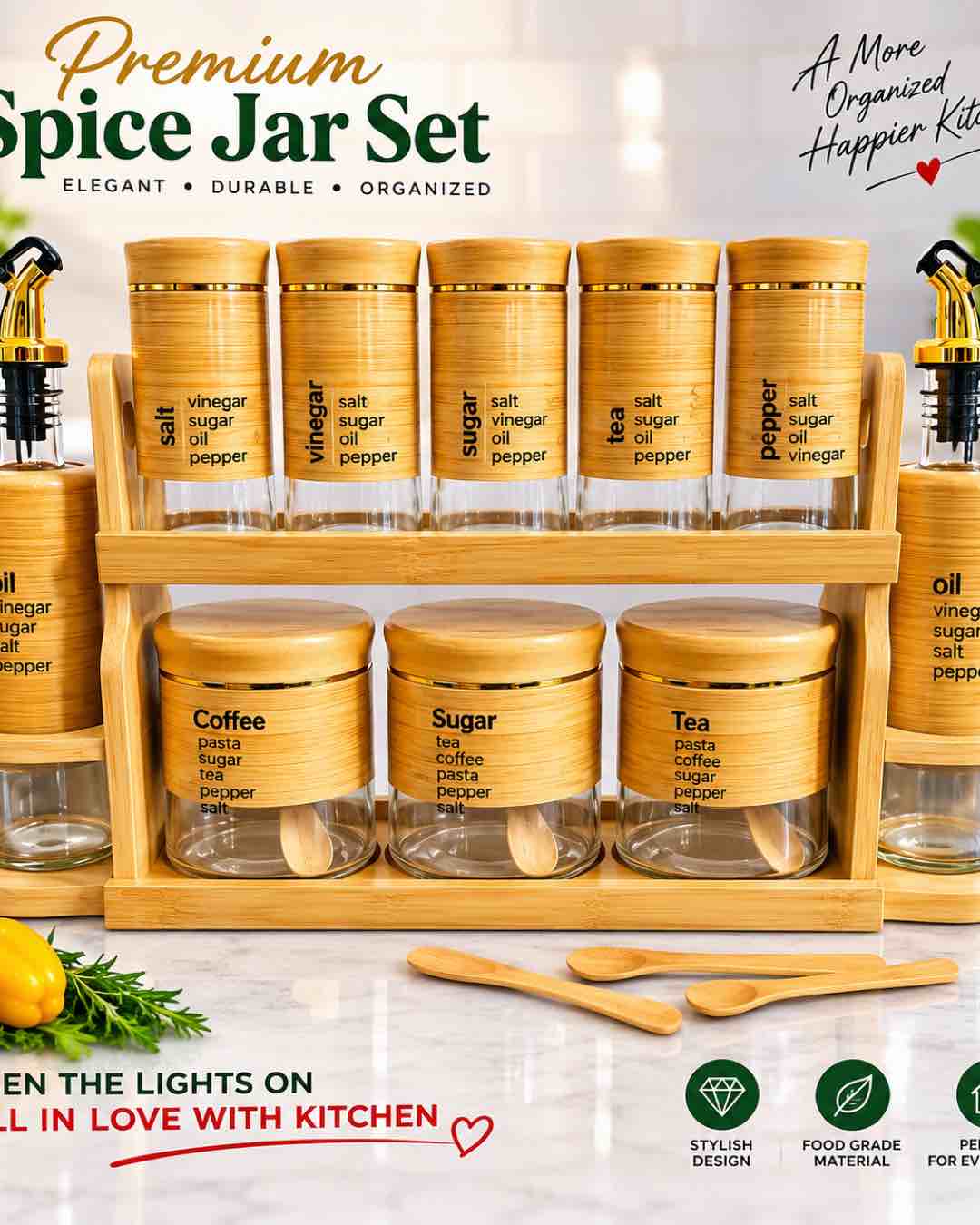 Bamboo and Glass Spice Jar Set with Rack