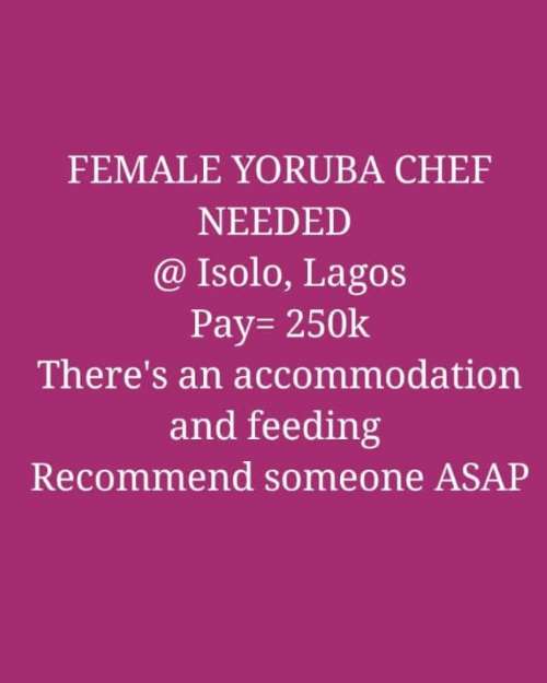 Female Yoruba Chef Needed