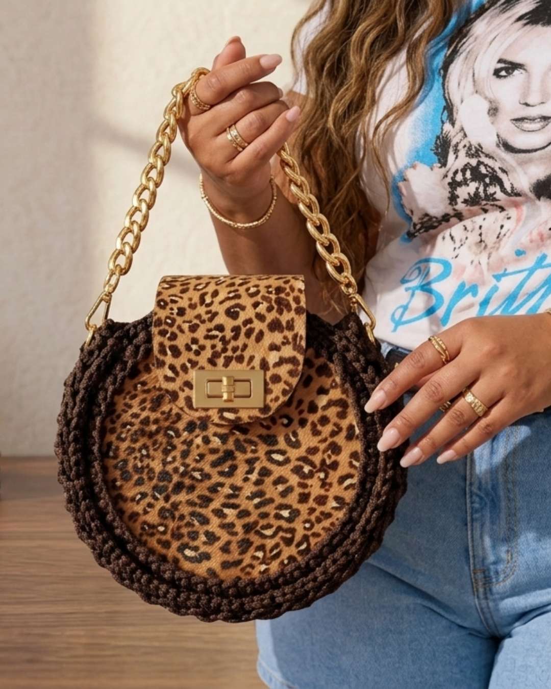 Leopard Print Handbag with Gold Chain