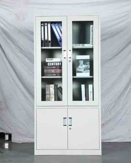White Metal Bookcase with Glass Doors