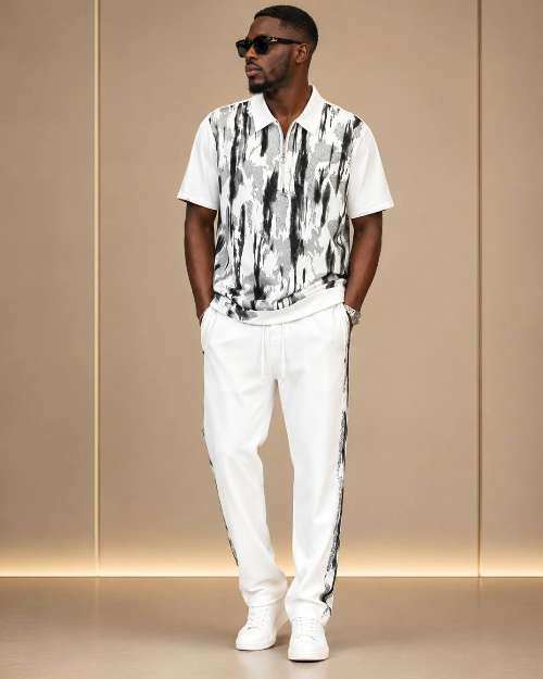 Men's Abstract Print Polo Shirt and White Trousers Set