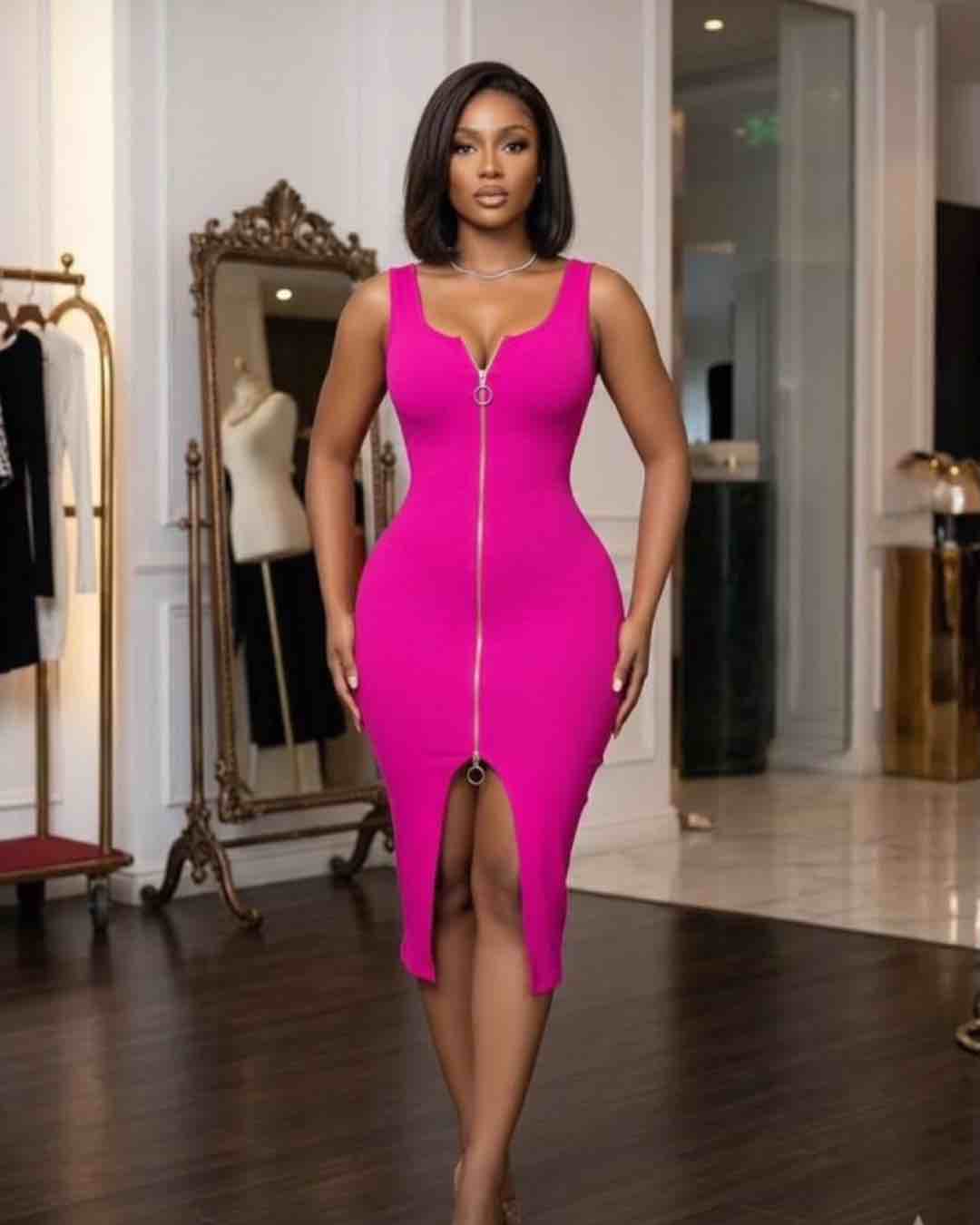Pink Zipper Front Midi Dress