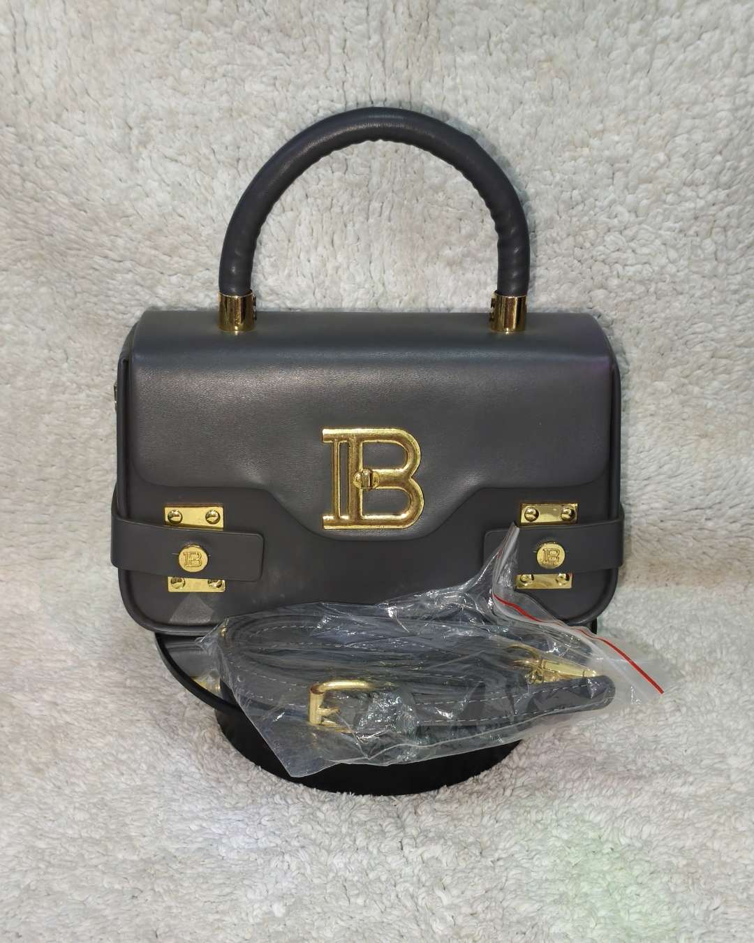 Gray Box Handbag with Gold-Tone Hardware