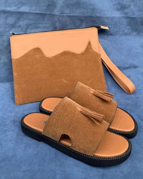Men's Suede Tassel Slides with Matching Clutch Bag