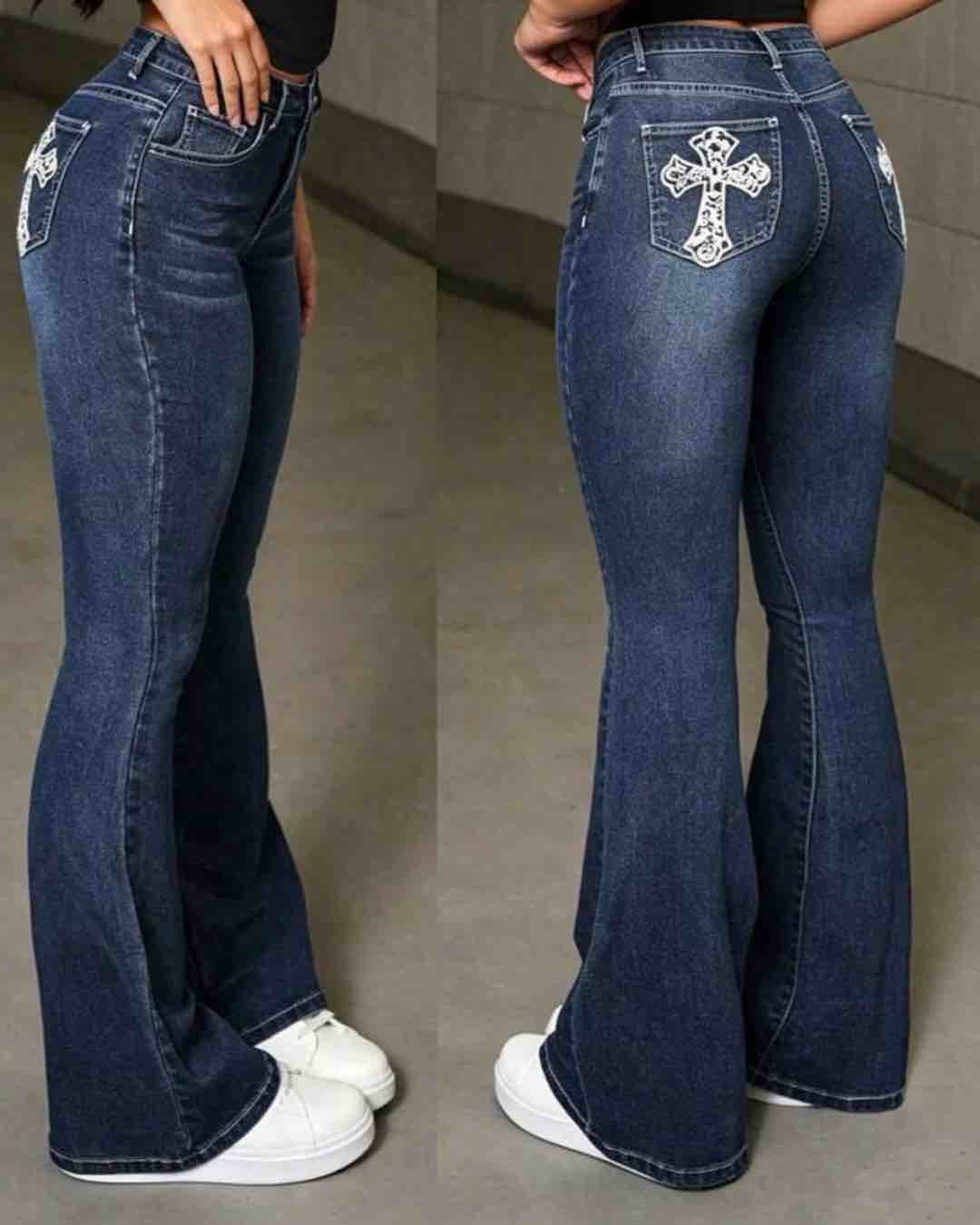 Women's Flared Jeans with Cross Embroidery