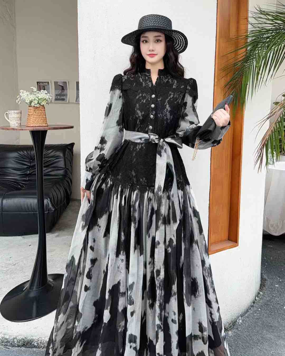 Lace Bodice Maxi Dress with Tie-Dye Skirt