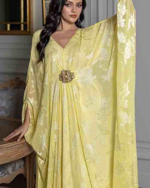 Yellow V-Neck Kaftan with Jeweled Brooch