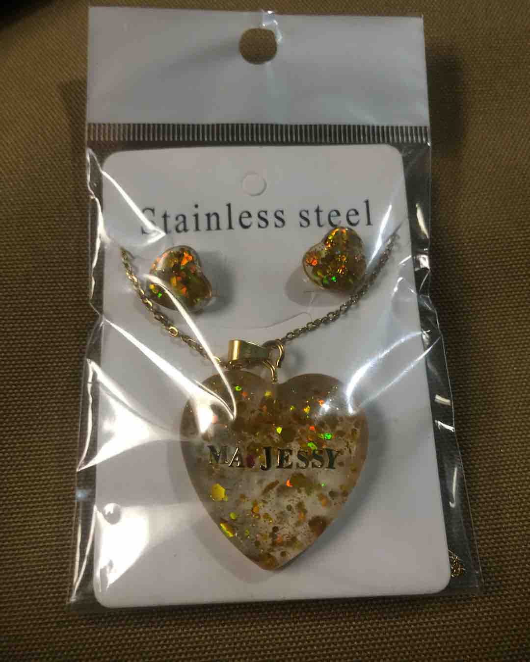 Customized Resin Heart Necklace and Earring Set