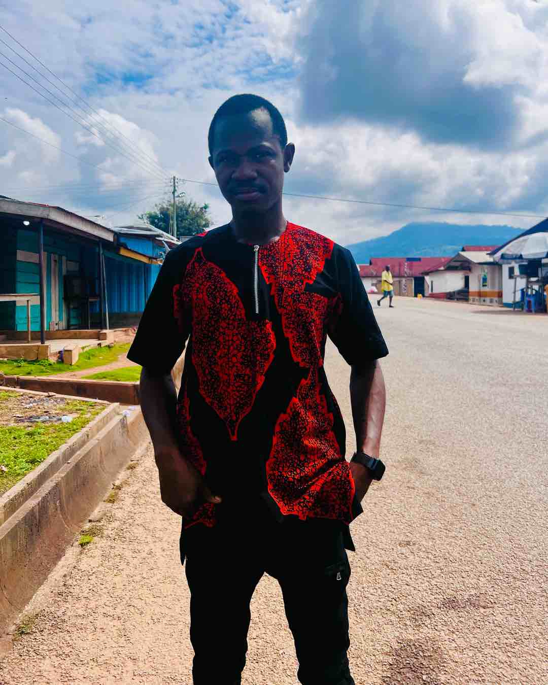 Men's Red and Black Patterned Short-Sleeve Top