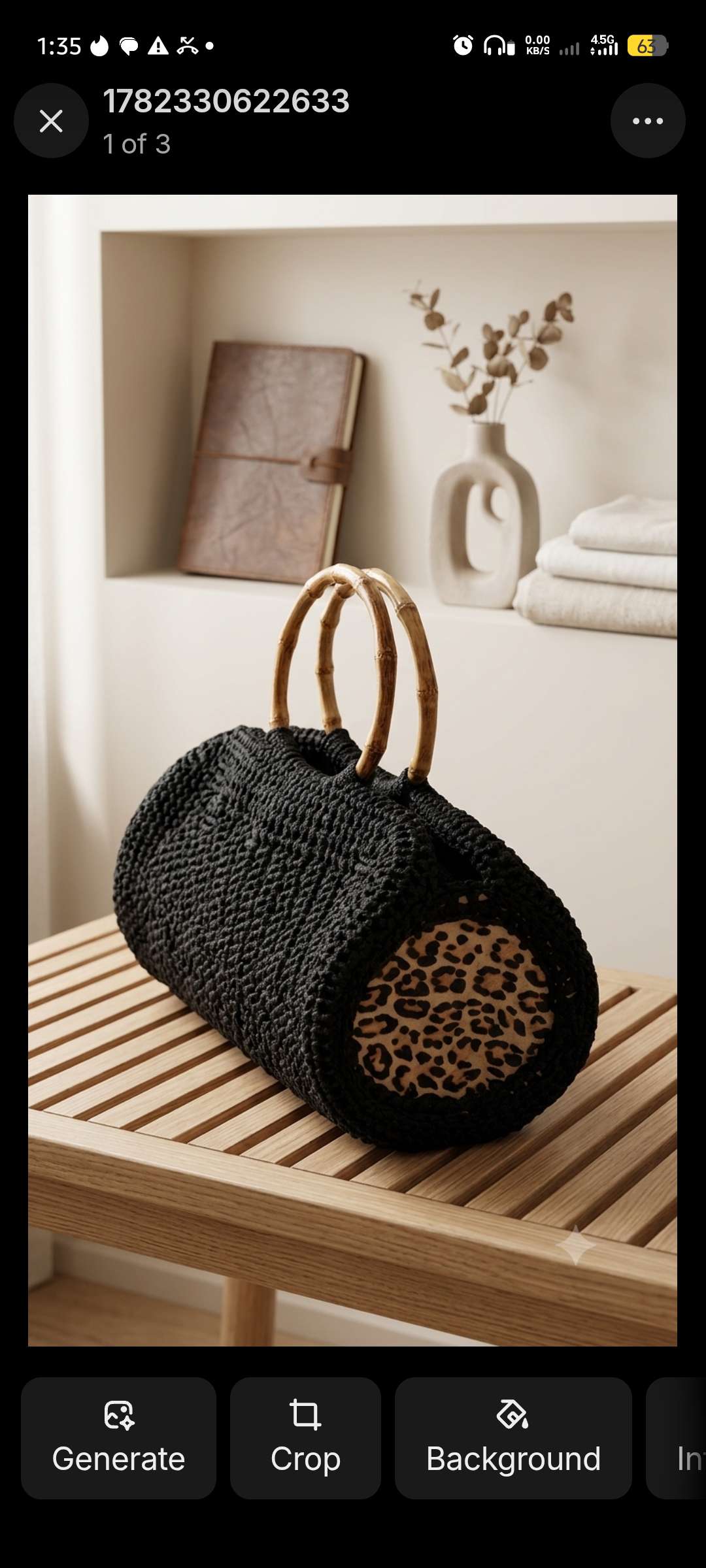 Black Hand-Crocheted Tote Bag with Leopard Print