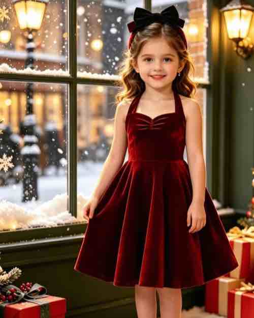 Girl's Red Velvet Halter Dress