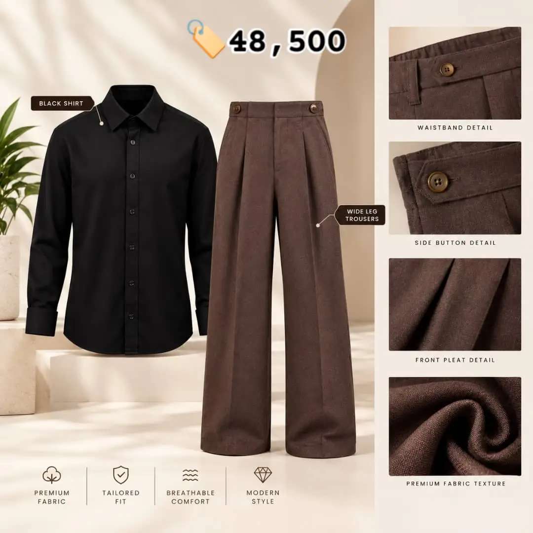 Men's Black Shirt and Brown Wide-Leg Trousers Set