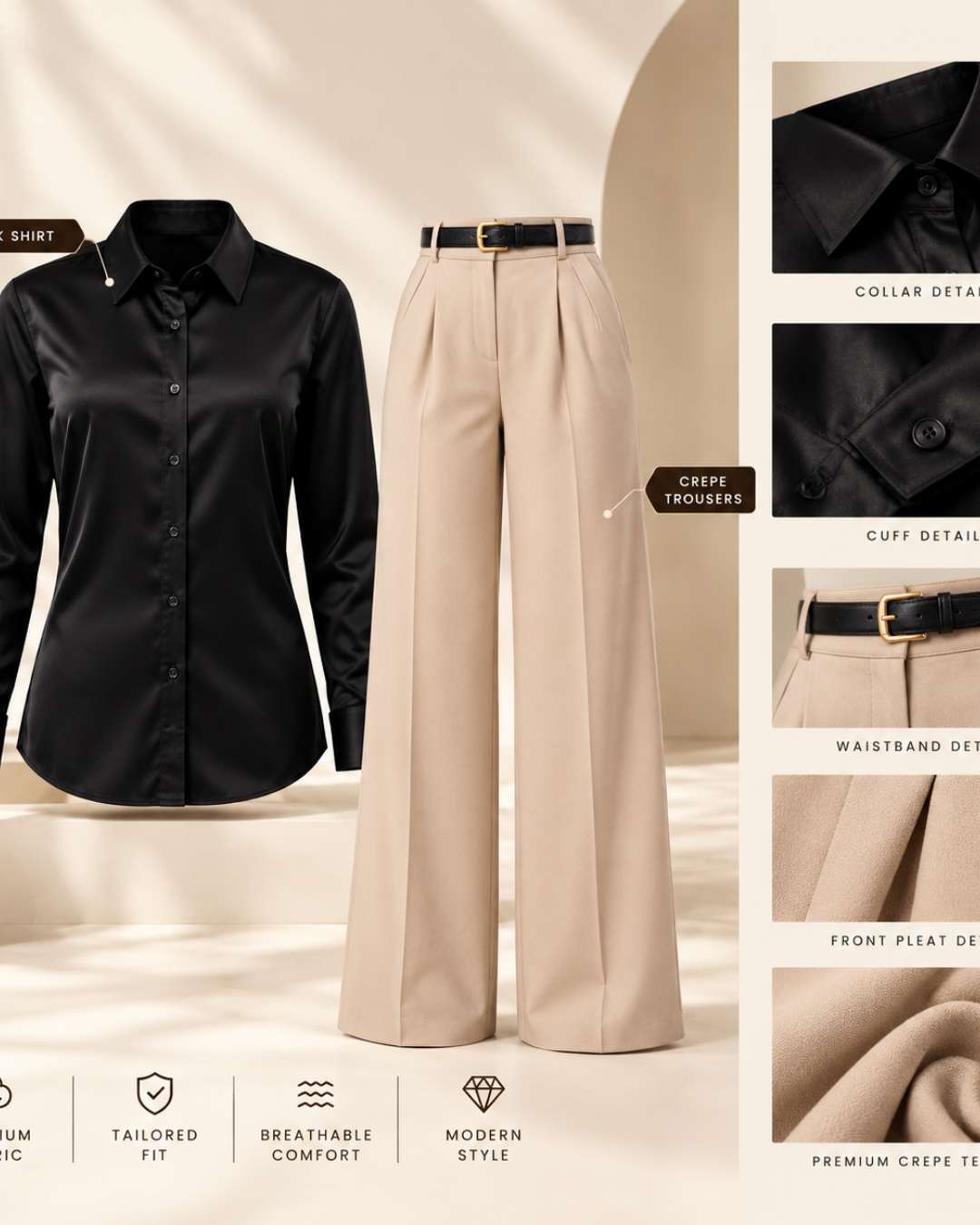 Women's Black Shirt and Beige Crepe Trousers Set