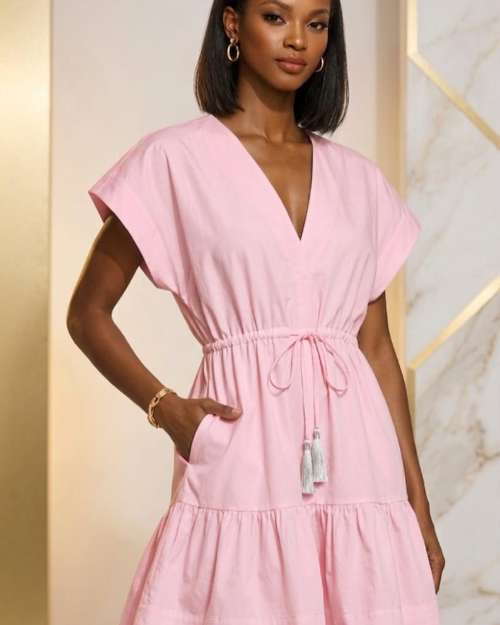 Pink V-Neck Tiered Midi Dress
